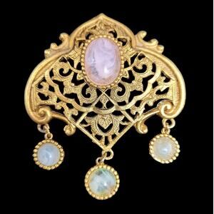 Vintage‎ 80s Gold Tone Filigree Dangle Brooch Art Nouveau Statement Glam Style